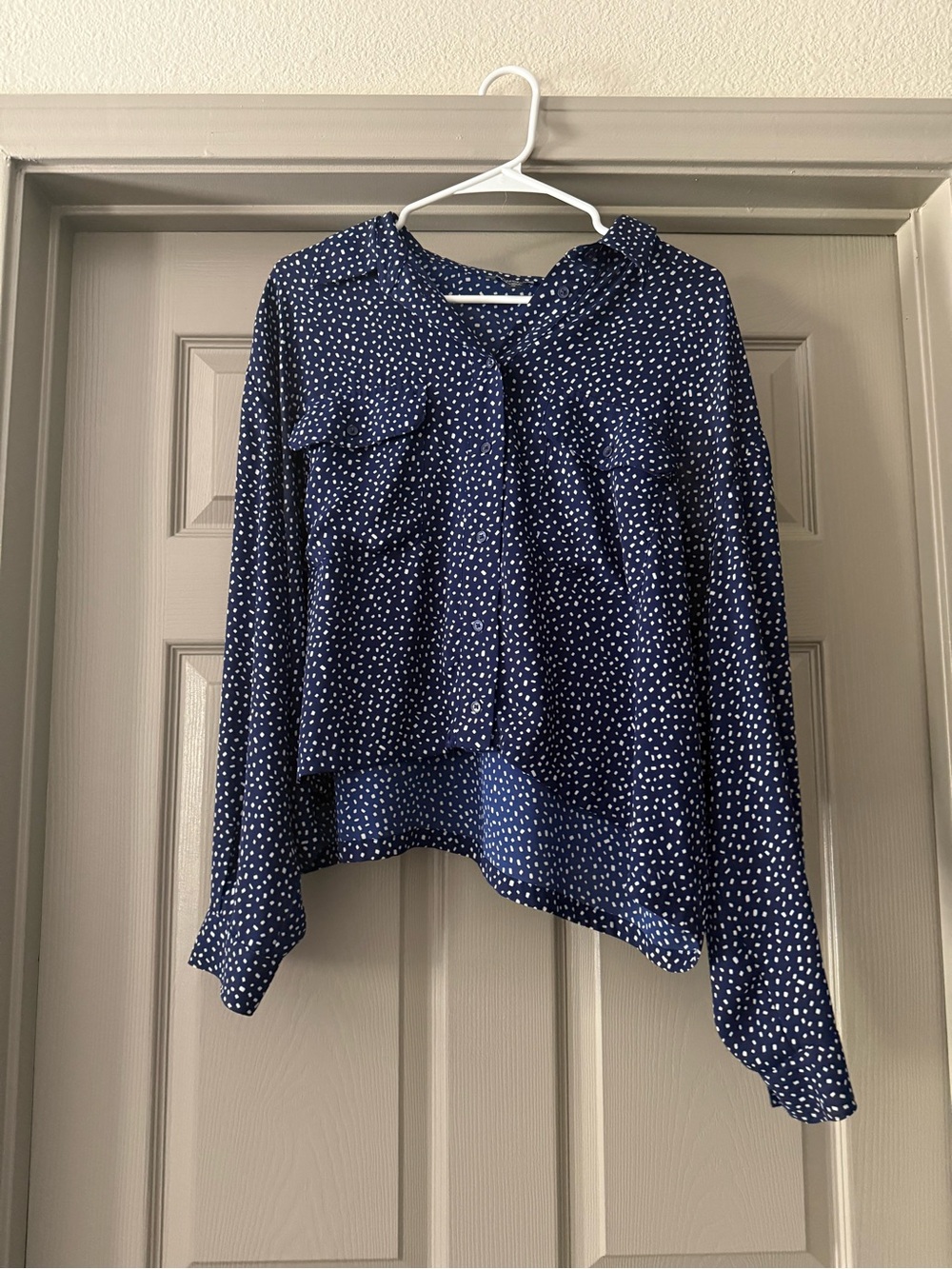 Womens EXPRESS Navy Blue Polka Dot Button-Front Blouse
